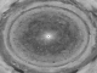 Jupiter polo norte. As massa de ar rodam para a esquerda. Vê-se o Suria de jupiter a brilhar